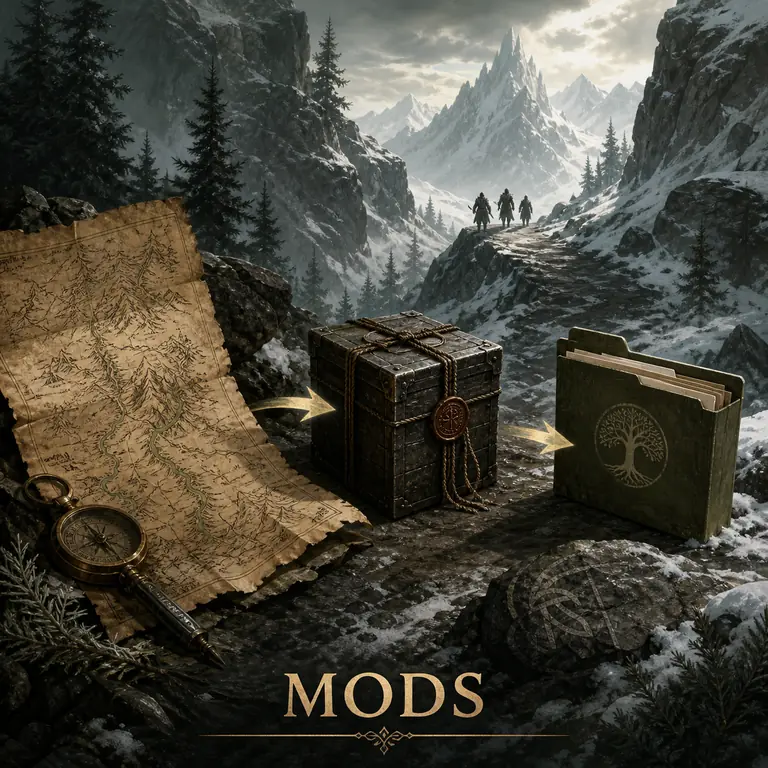 Ilustración editorial de un mapa, una caja de respaldo y una carpeta de juego en un paso nevado