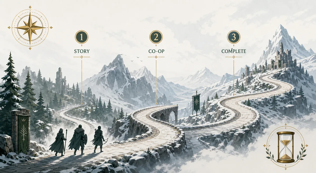 Timeline editoriale che mostra storia, cooperativa e completamento nella campagna di War in the North